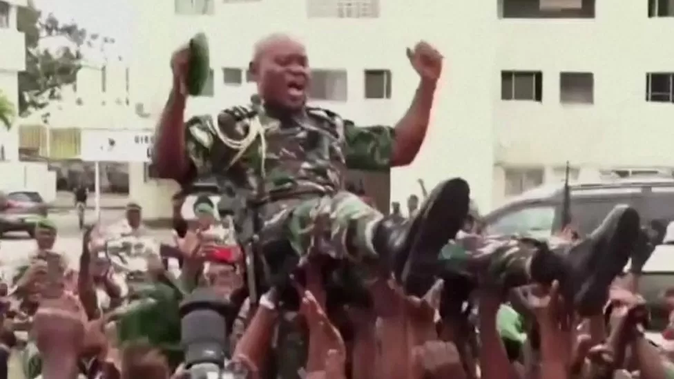 REUTERS | Gen Nguema was carried triumphally through the streets of the capital Libreville by his troops