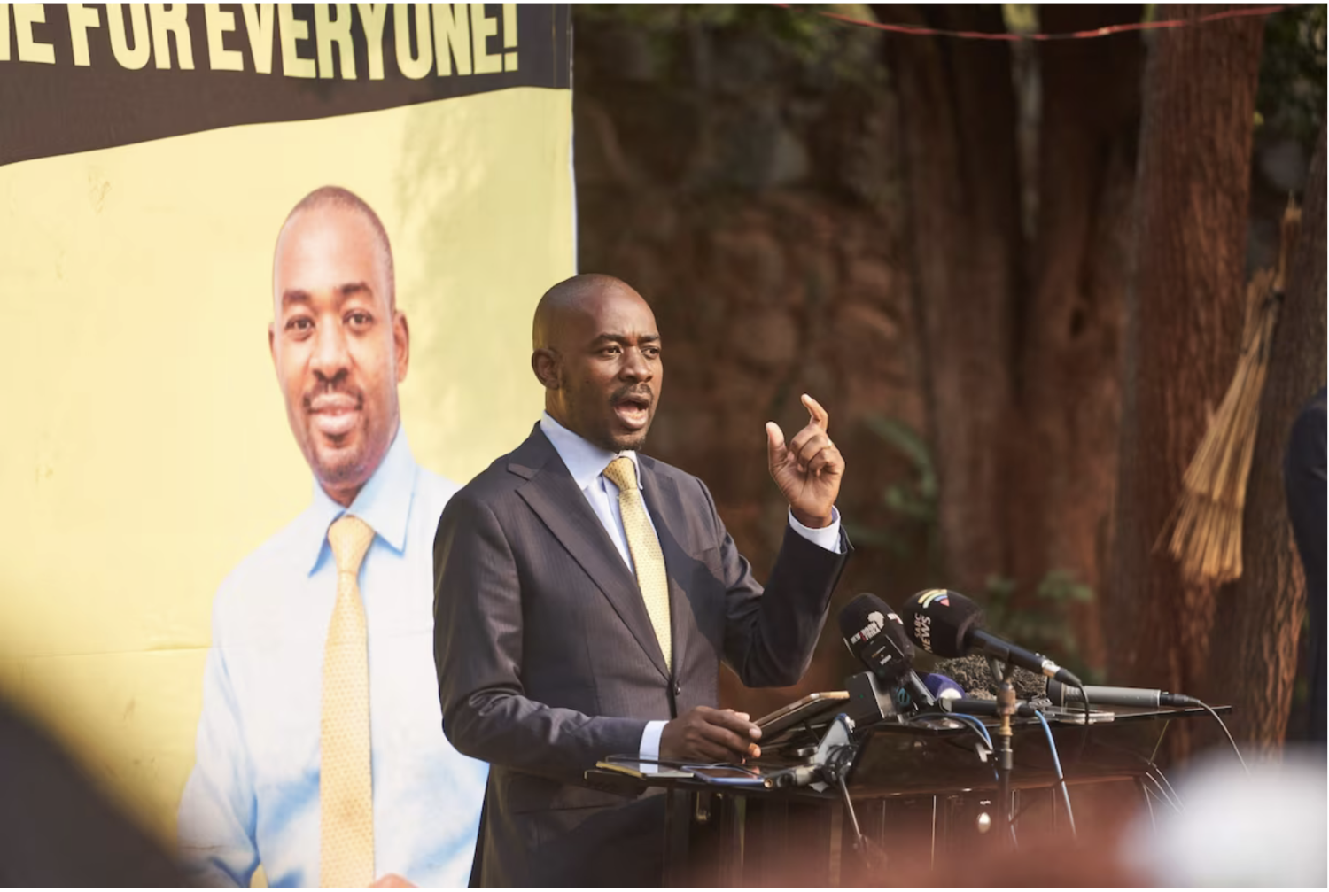 Opposition leader Nelson Chamisa, who challenged incumbent Zimbabwean President Emmerson Mnangagwa, addresses a news conference in Zimbabwe's capital, Harare, on Sunday. (Zinyange Auntony/AFP/Getty Images)