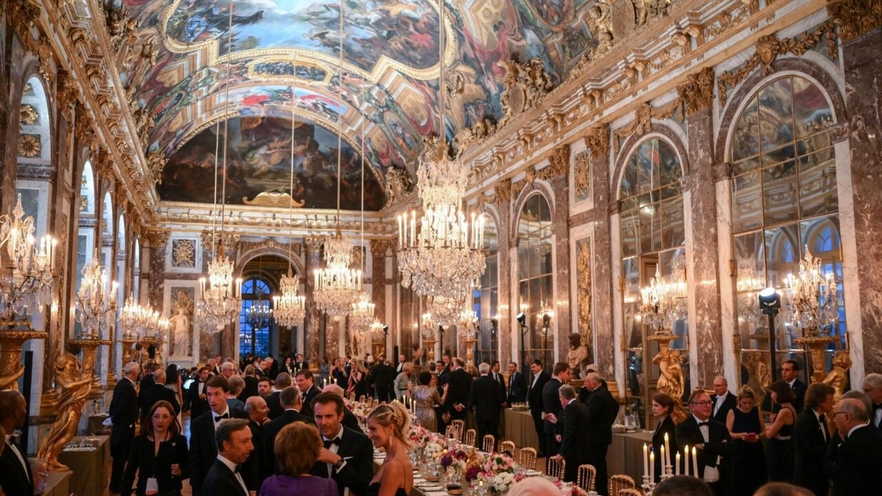 A photo shows a general view during a state banquet at the Palace of Versailles, west of Paris, on September 20, 2023, on the first day of a British royal state visit to France.