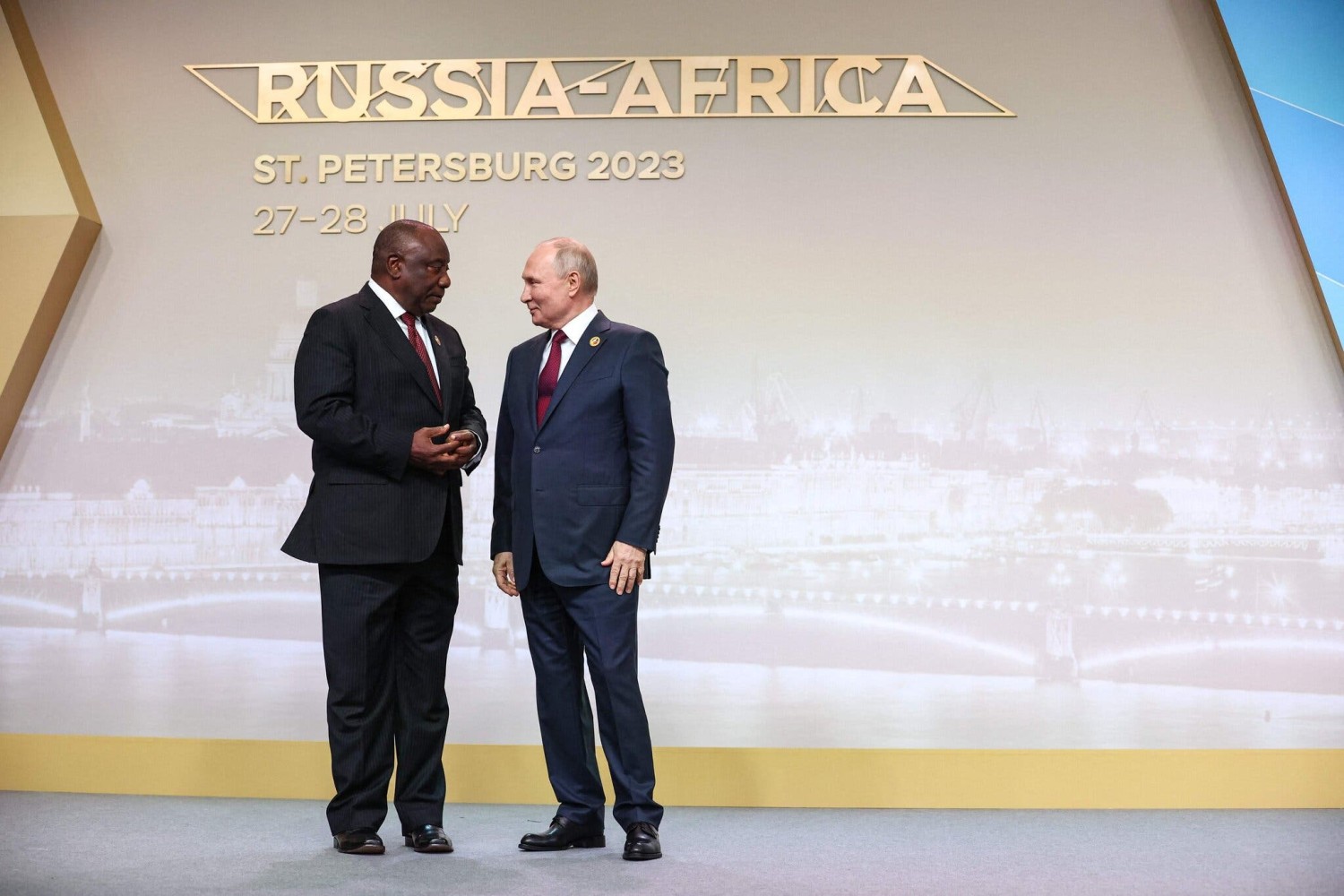 President Cyril Ramaphosa of South Africa and his Russian counterpart, Vladimir V. Putin, late last month at the Russia-Africa summit in St. Petersburg, Russia.Credit...Sergei Bobylyov/TASS, via Agence France-Presse — Getty Images