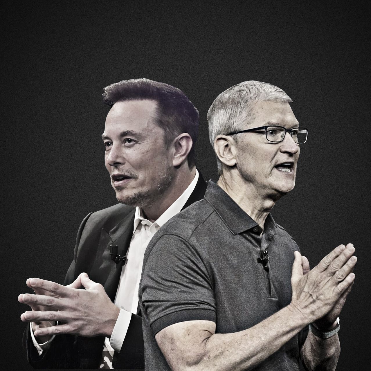 Elon Musk and Tim Cook PHOTO ILLUSTRATION BY EMIL LENDOF/THE WALL STREET JOURNAL; BLOOMBERG NEWS (2)