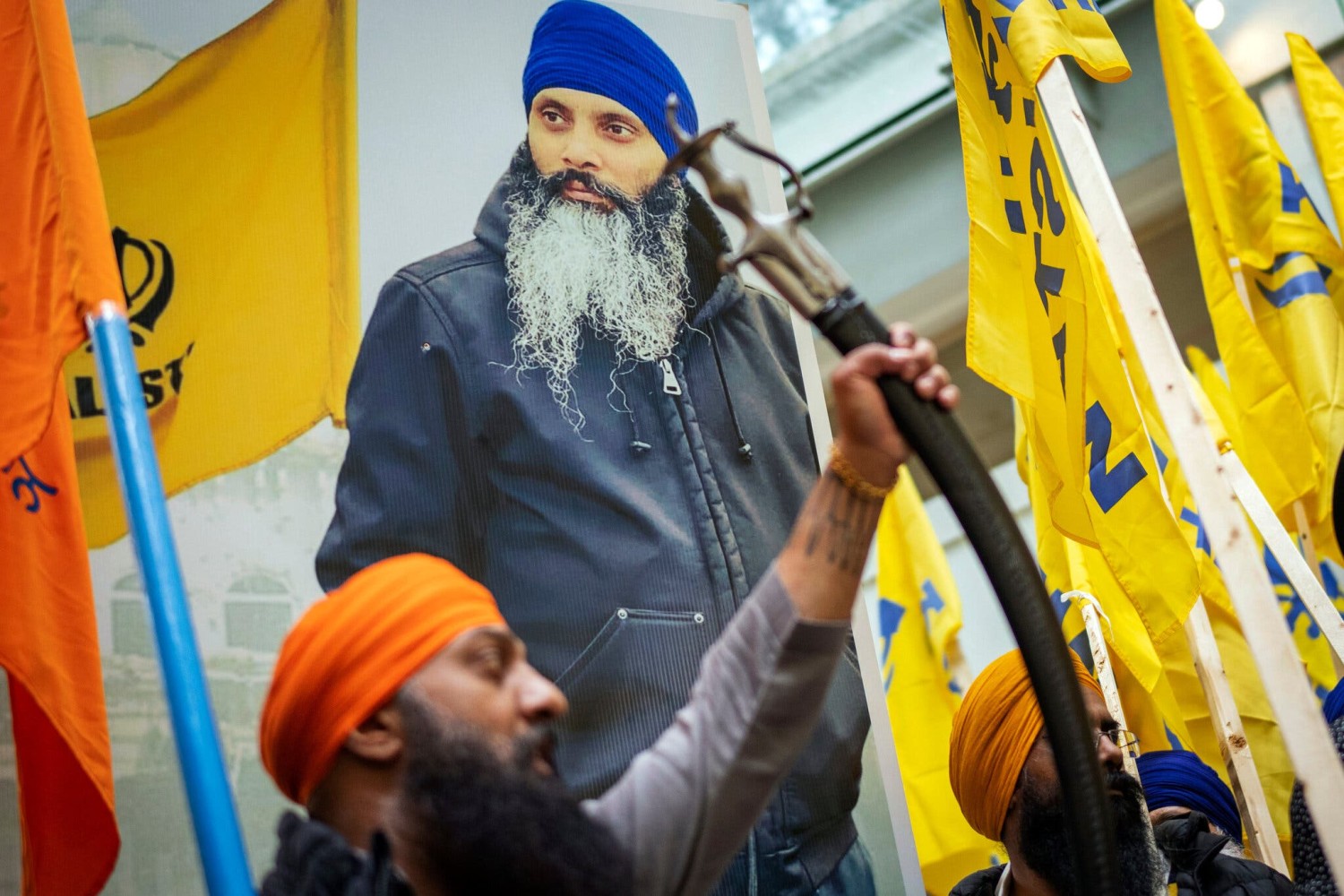 Demonstrators outside the Consulate General of India in Vancouver after the shooting of Hardeep Singh Nijjar, a Sikh separatist leader, in June. Credit...Ethan Cairns/The Canadian Press, via Associated Press