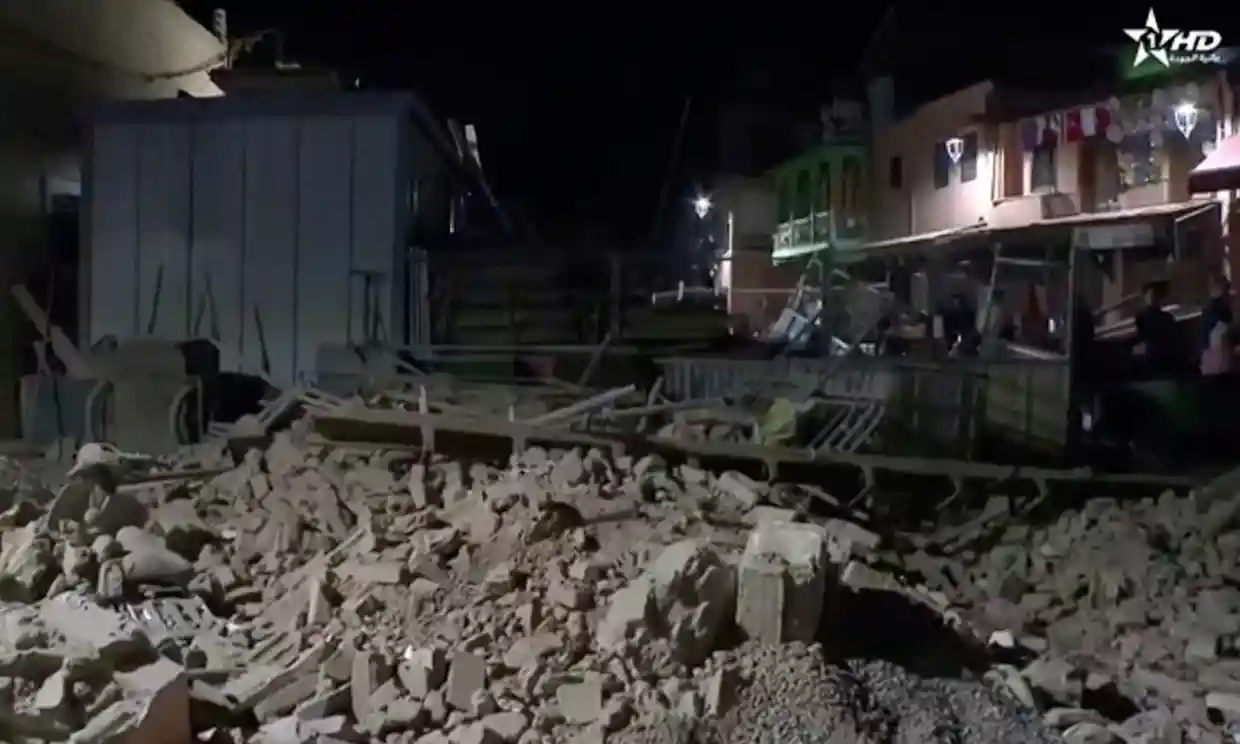 Rubble in Marrakech, Morocco, after the earthquake on Friday night. Dozens of people had been killed, mainly in mountainous areas that were hard to reach, a local official said. Photograph: Al Oula TV/Reuters