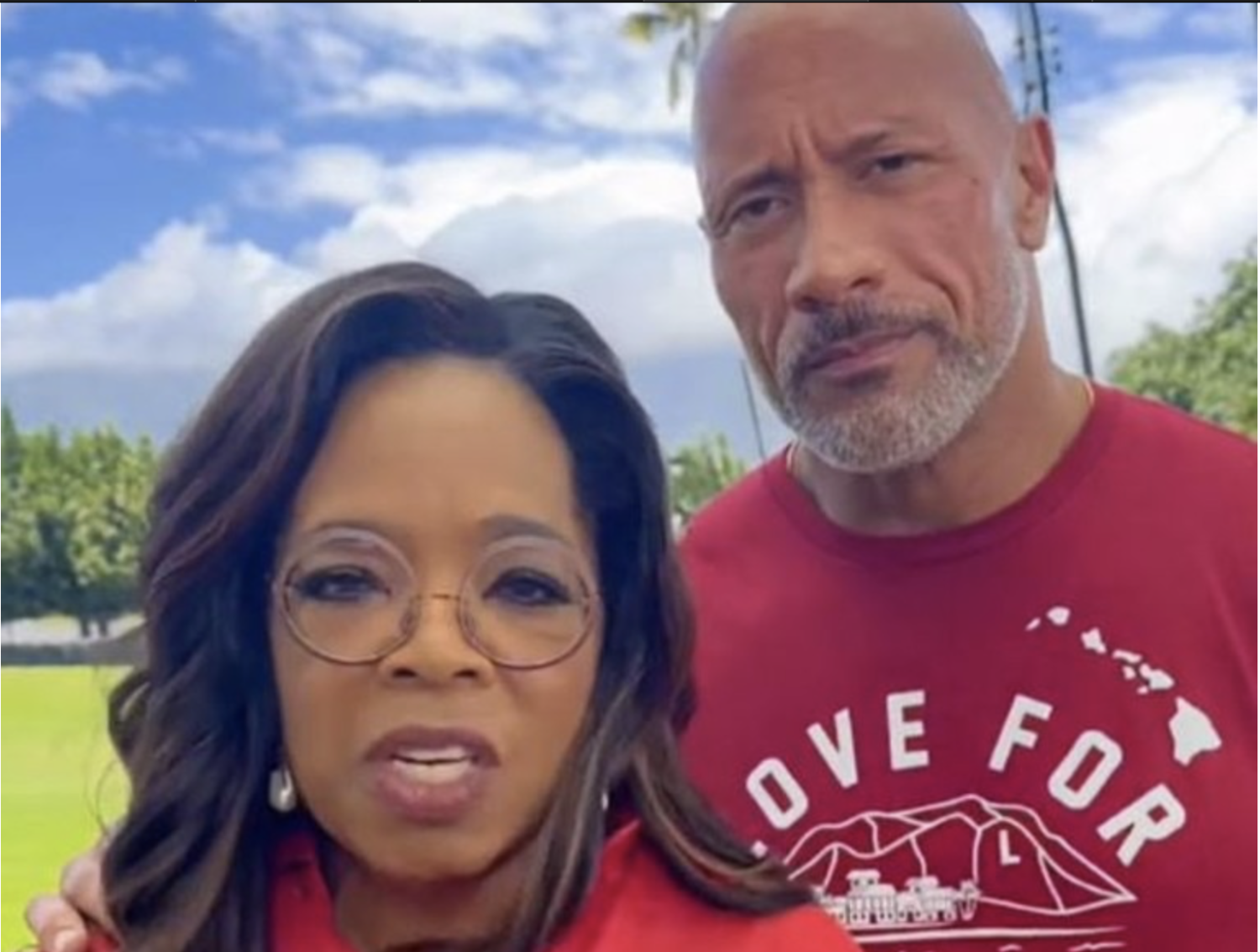 Oprah Winfrey and Dwayne 'The Rock' Johnson asking people to donate to those affected by the Maui wildfire. Picture: Dwayne Johnson/TikTok