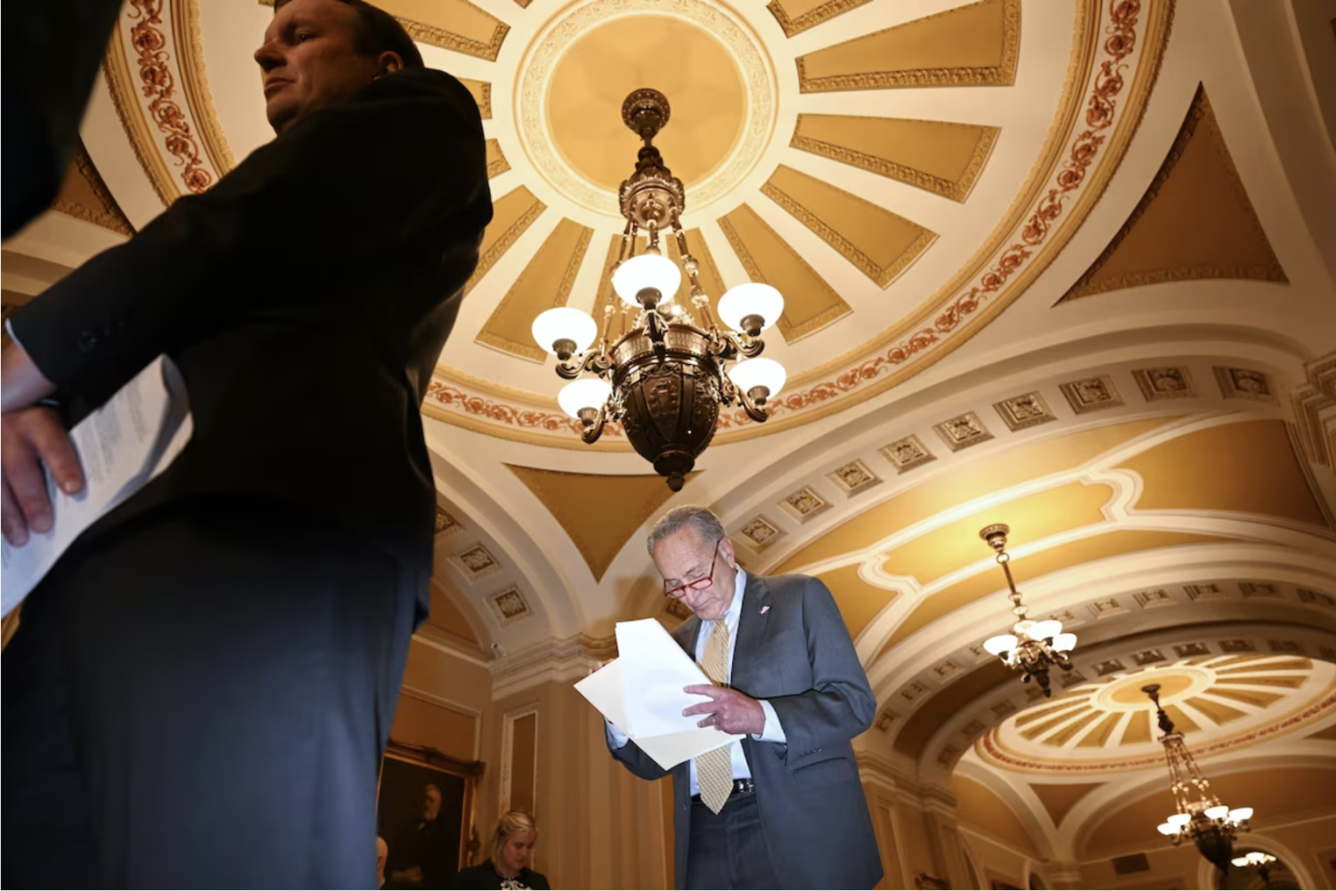 Senate Majority Leader Charles E. Schumer (D-N.Y.) during a news conference at the Capitol on Tuesday. (Matt McClain/The Washington Post)