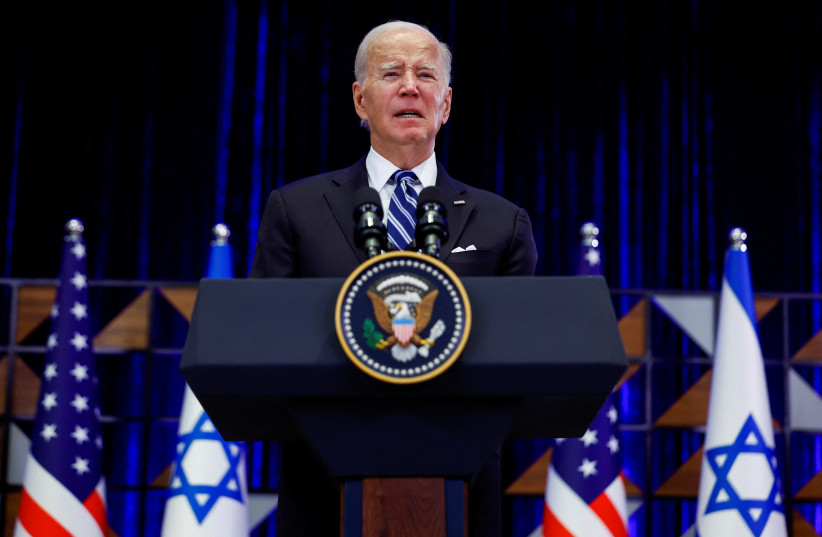 U.S. President Joe Biden delivers remarks as he visits Israel amid the ongoing conflict between Israel and Hamas, in Tel Aviv, Israel, October 18, 2023. (photo credit: REUTERS/EVELYN HOCKSTEIN)