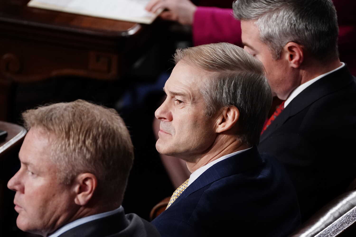 Rep. Kevin McCarthy, left, the former speaker, and Rep. Jim Jordan, lower right, the man who wants to replace him, during the first round of voting on Tuesday.Credit...Anna Rose Layden for The New York Times