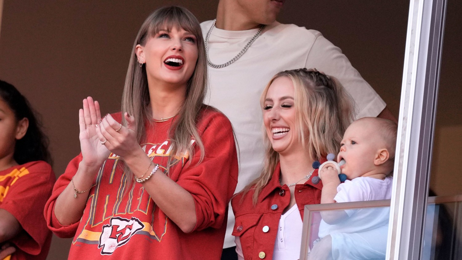 Taylor Swift cheers alongside Brittany Mahomes, right, before the start of an NFL football game between the Kansas City Chiefs and the Los Angeles Chargers Sunday, Oct. 22, 2023, in Kansas City, Mo. Charlie Riedel/AP