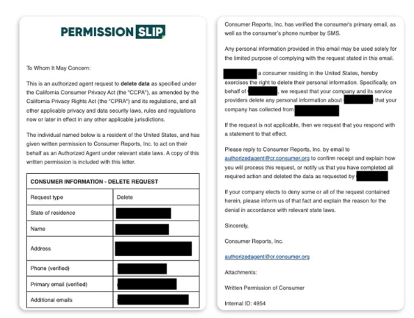 The Permission Slip app lets you tap on the name of a company to pull up screens that summarize what kind of data they collect, and then lets you take immediate action. (Geoffrey Fowler/The Washington Post/Permission Slip)
