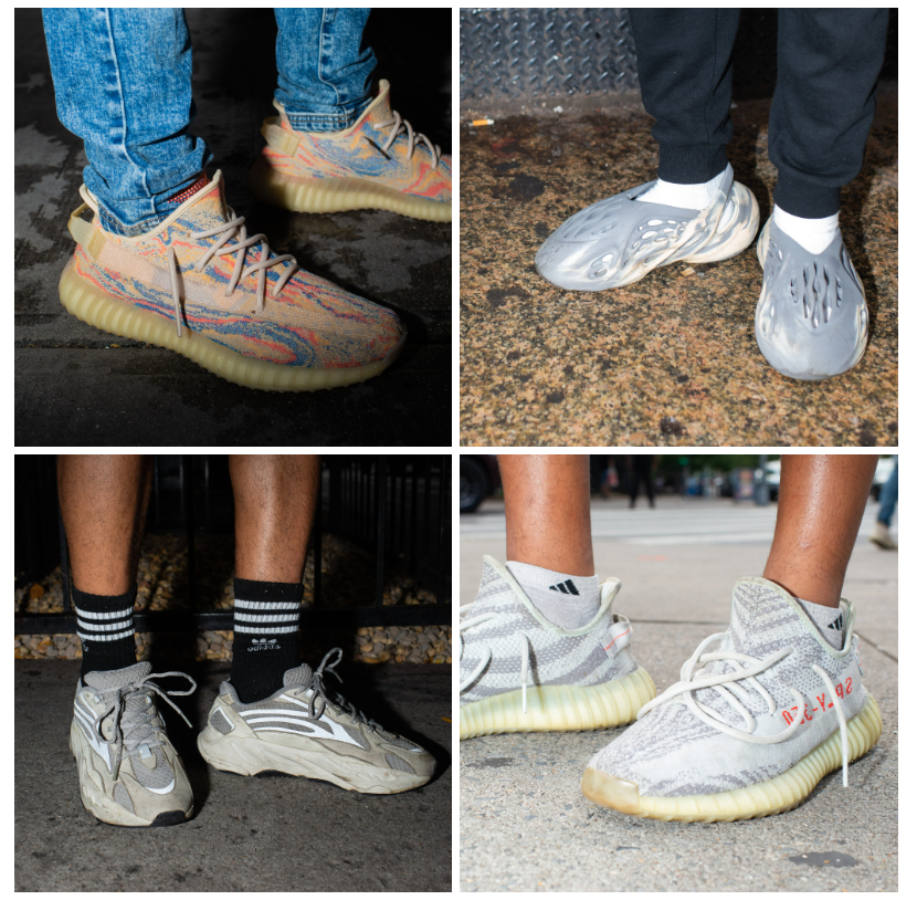 Yeezys on the streets of New York this summer. Clockwise from top left: Boost 350 v2, Foam Runners, Boost 350 v2, 700 v2.Credit...Andrew Seng for The New York Times