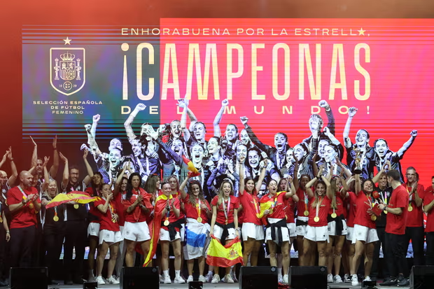 Spain’s players celebrate their World Cup win in a Madrid ceremony on 21 August. Photograph: Pierre-Philippe Marcou/AFP/Getty Images