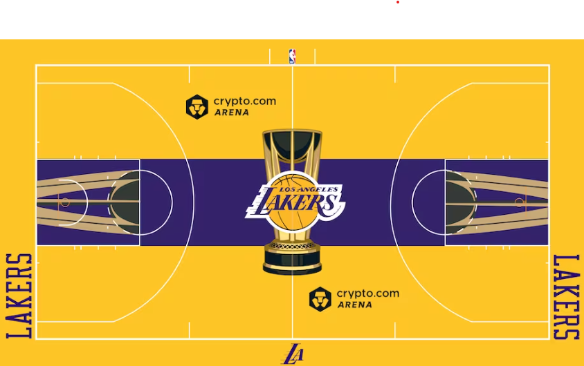 The NBA will employ redesigned, painted courts for its inaugural in-season tournament, including this purple and gold design for the Los Angeles Lakers. (NBA)