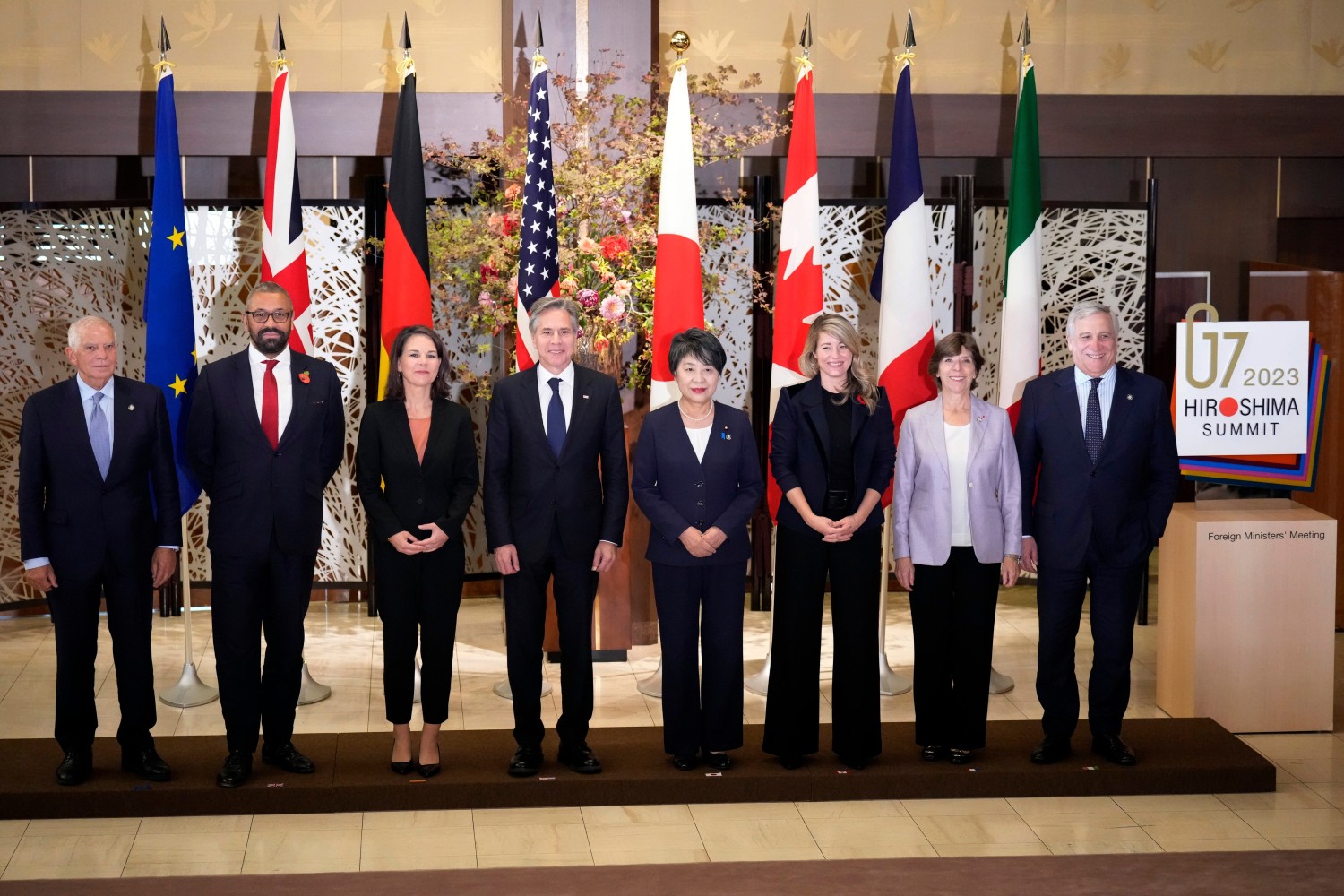 From left to right, High Representative of the European Union for Foreign Affairs and Security Policy Josep Borrell, Britain's Foreign Secretary James Cleverly, Germany's Foreign Minister Annalena Baerbock, U.S. Secretary of State Antony Blinken, Japan's Foreign Minister Yoko Kamikawa, Canada's Foreign Minister Melanie Joly, France's Foreign Minister Catherine Colonna, Italian Foreign Minister Antonio Tajani pose for group photo session during the G7 Foreign Ministers' Meeting at the Iikura Guest House on November 8, 2023, in Tokyo, Japan. POOL/GETTY IMAGES