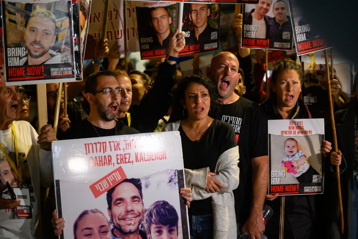 The families of hostages demonstrate outside the IDF headquarters calling for the return of all the remaining hostages.Photographer: Alexi J. Rosenfeld/Getty Images