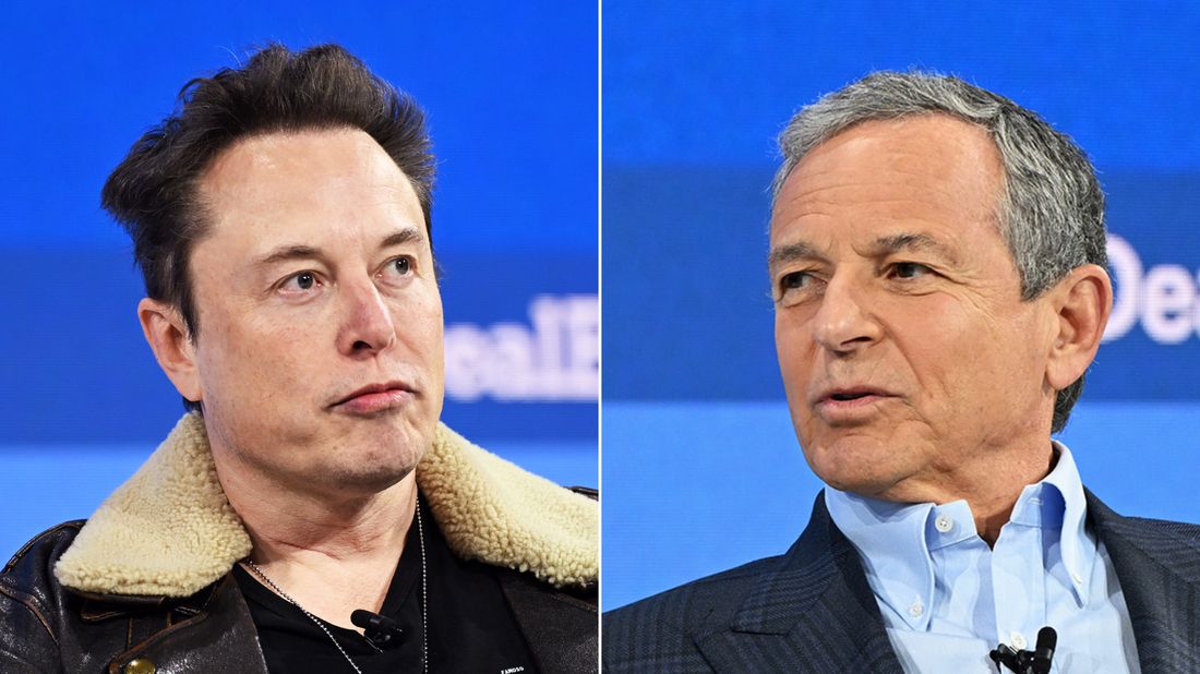 Left: Elon Musk; right: Bob Iger. Slaven Vlasic/Getty Images for The New York Times