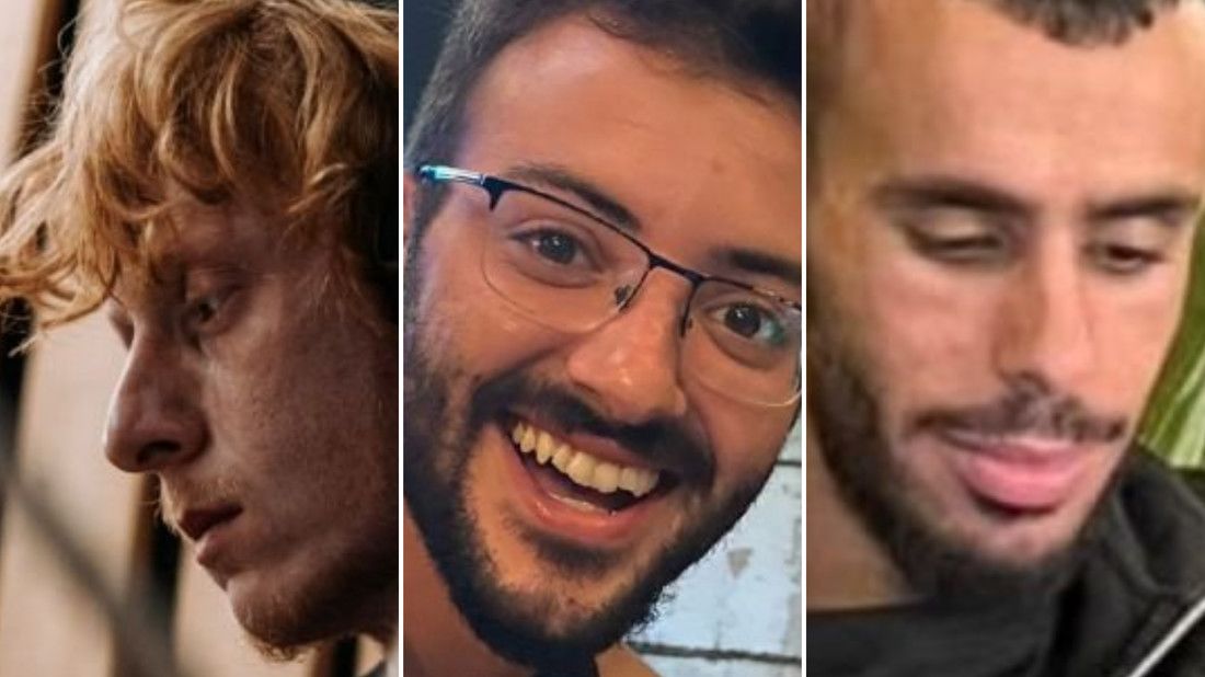 The three hostages killed are identified as, from left to right, Yotam Haim, Alon Shamriz, and Samer Talalka. Hostages and Missing Families Forum