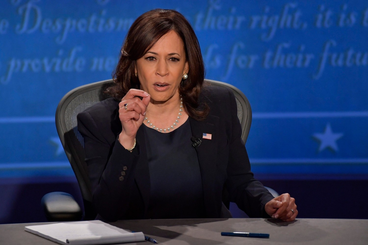 Sen. Kamala Harris speaks on stage during the Vice Presidential debate between Republican nominee Vice President Mike Pence and Democratic nominee Sen. Kamala Harris held at Kingsbury Hall at The University of Utah in Salt Lake City on Oct. 7, 2020. Susan Page, Washington Bureau Chief for USA TODAY, is the moderator. Jack Gruber, USA TODAY