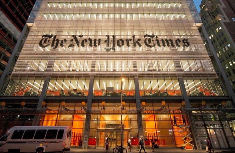 Headquarters of the New York Times in Manhattan, which has thus far only been the site of anti-Israel demonstrations. Where is the New York Jewish community? (photo credit: COURTESY OF GENESIS PRIZE)