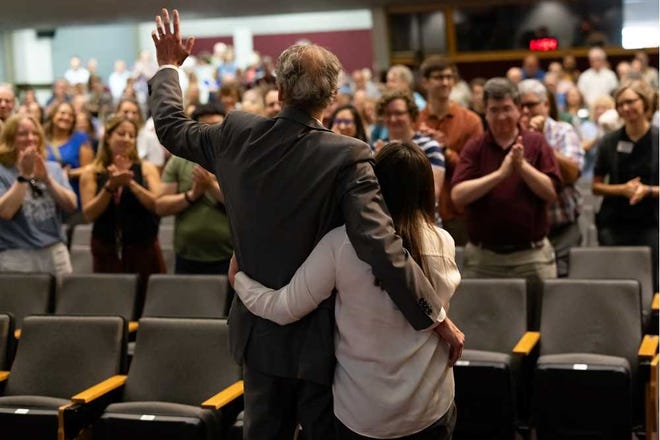 Joe Gow and his wife, Carmen Wilson, in September after the UW-La Crosse chancellor announced he would step down for a faculty role. Jen Towner, UWL University Marketing & Communications