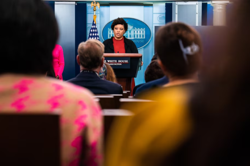Office of Management and Budget Director Shalanda Young speaks during a daily news briefing at the White House on Sept. 29. (Demetrius Freeman/The Washington Post)
