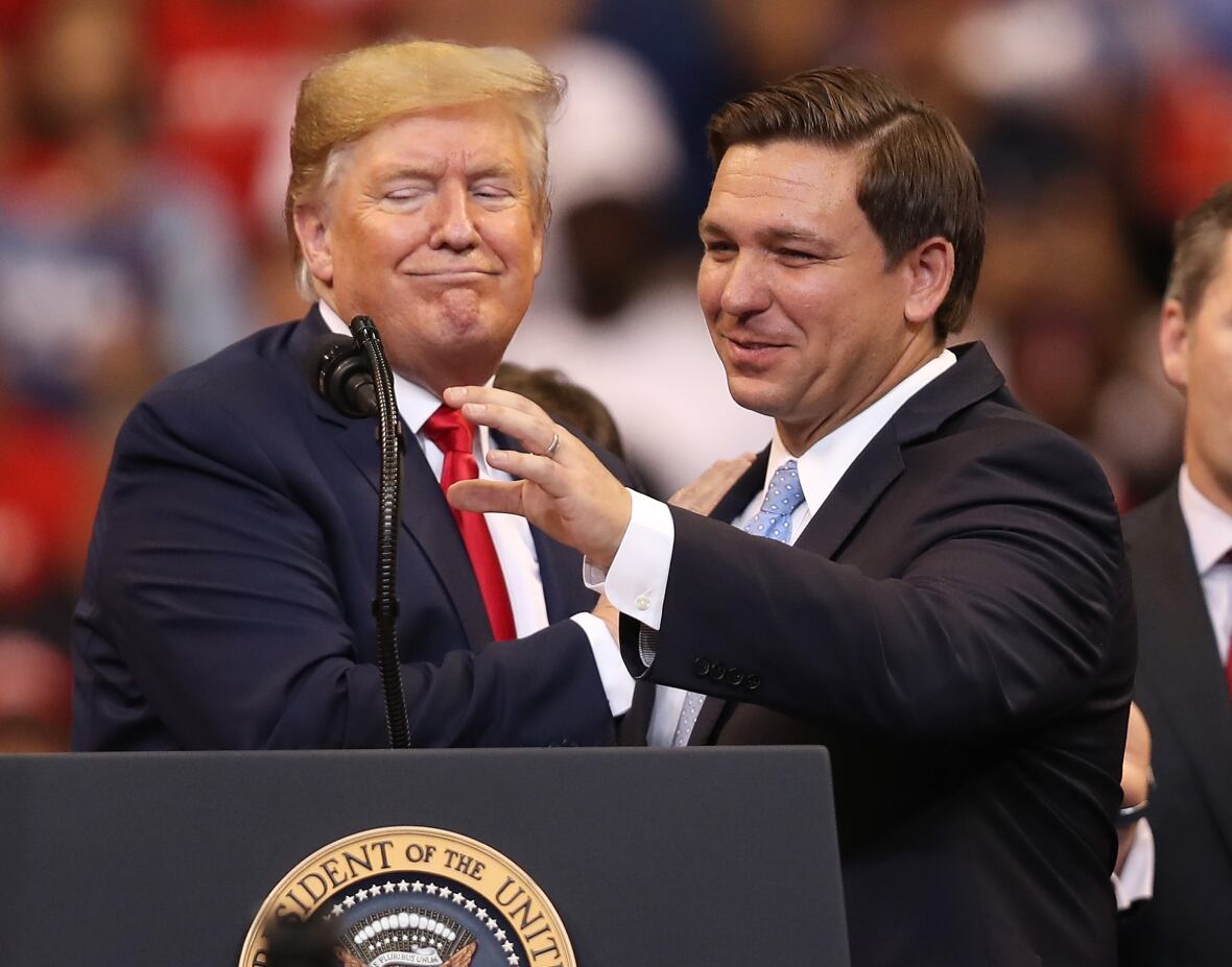 Florida Gov. Ron DeSantis, right, and then-U.S. president Donald Trump are shown at a campaign rally in Sunrise, Fla., in November 2019. (Joe Raedle/Getty Images)