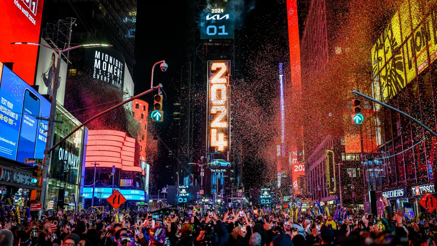 Confetti fills the sky as the countdown to the new year is marked by the Ball Drop and fireworks during the Times Square New Year's Eve 2024 Celebration in New York City on Sunday. Photo: Roy Rochlin/WireImage