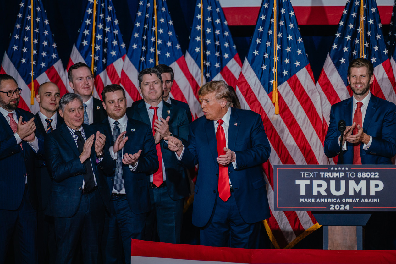 Donald Trump speaks at his caucus night victory event in Des Moines, Iowa on Jan. 15. | Jamie Kelter Davis for POLITICO
