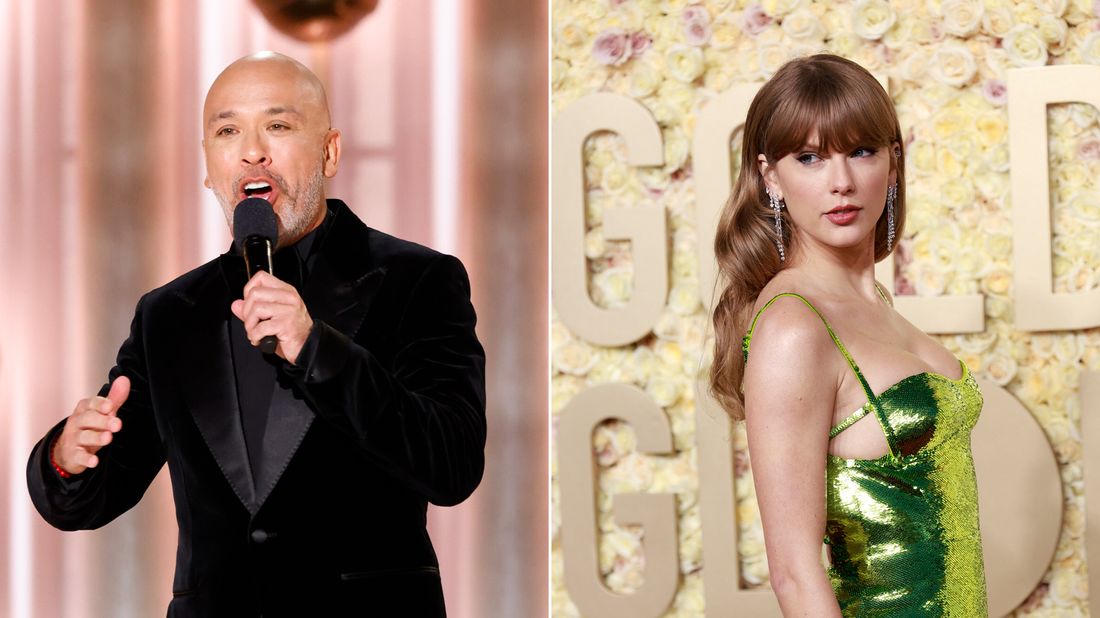 Jo Koy (left) and Taylor Swift (right) at the 81st Annual Golden Globe Awards at The Beverly Hilton hotel in Beverly Hills, California, on January 7, Sonja Flemming/CBS/Michael Tran/AFP/Getty Images