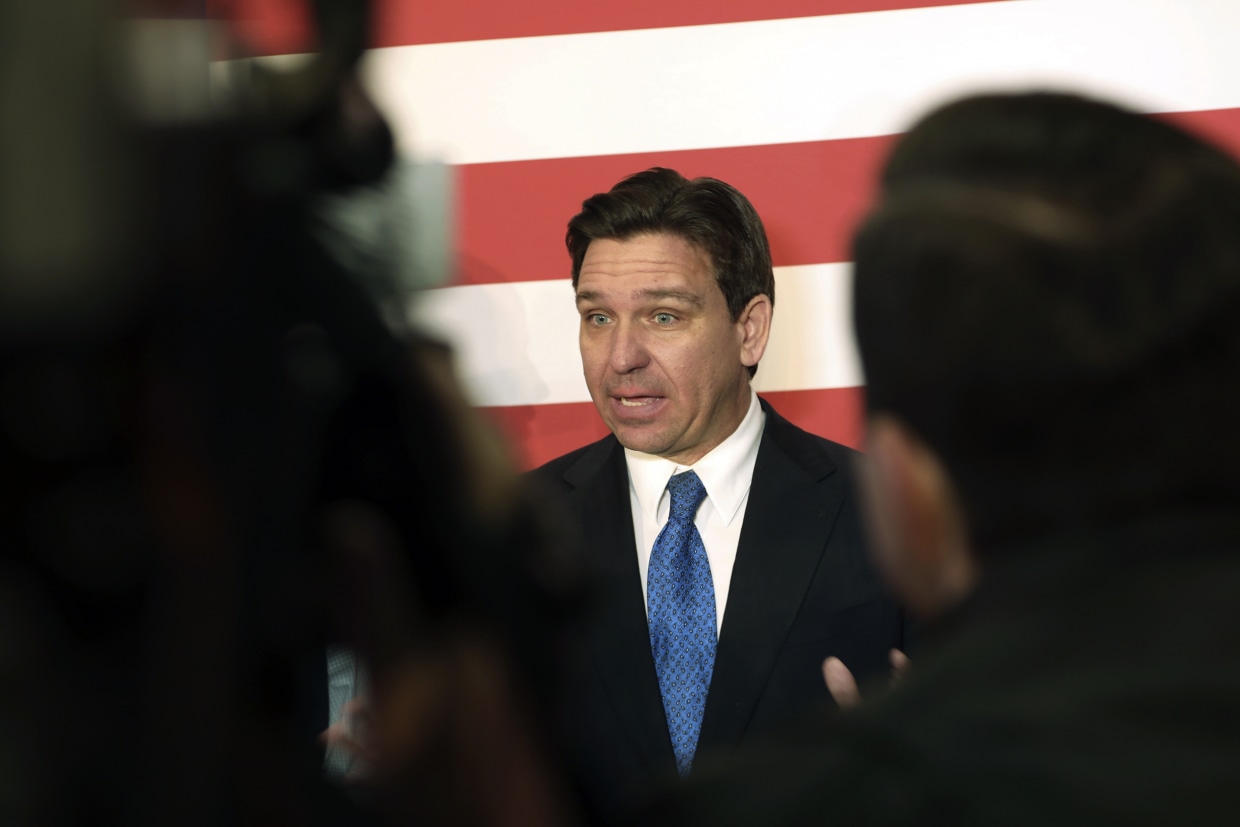 Florida Gov. Ron DeSantis takes questions from reporters today in South Carolina.Jeffrey Collins / AP