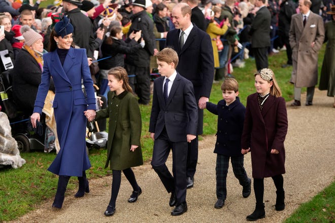 Princess Kate, Princess Charlotte, Prince George, Prince William, Prince Louis and Mia Tindall arrive to attend the Christmas day service at St Mary Magdalene Church. Kin Cheung, AP