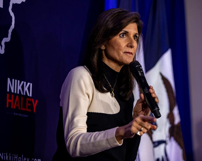 Republican presidential candidate former U.N. Ambassador Nikki Haley speaks during a campaign event at the Lawrence Community Center in Anamosa, Iowa, on Thursday, Dec. 21, 2023. Nick Rohlman, AP