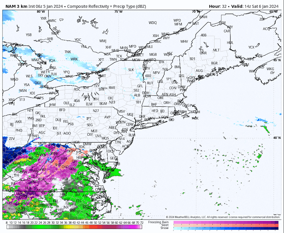The NAM model’s simulation of precipitation working through the Northeast. (WeatherBell)