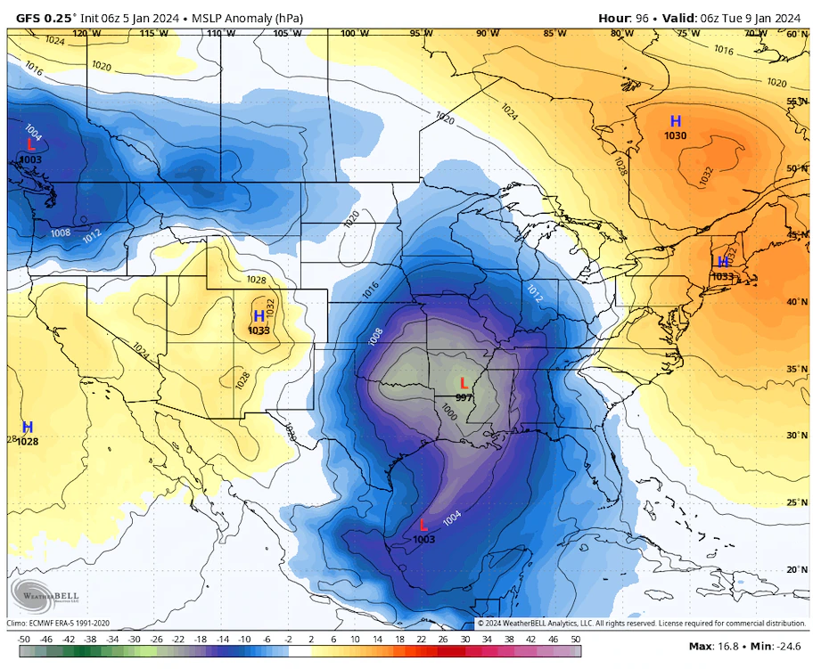 The American GFS model simulates the evolution of the low pressure center. (WeatherBell)