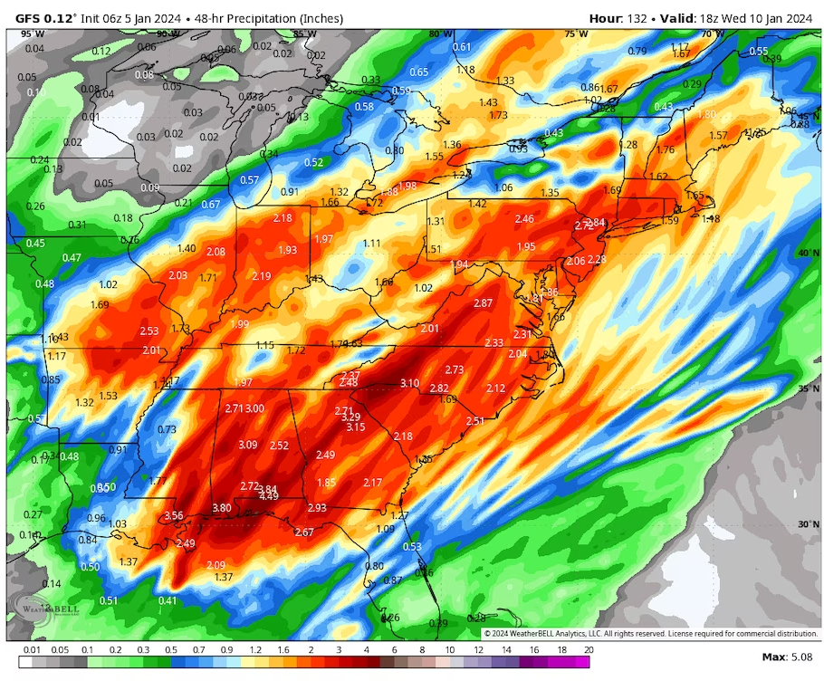The American GFS model simulates rainfall with the upcoming storm system. (WeatherBell)