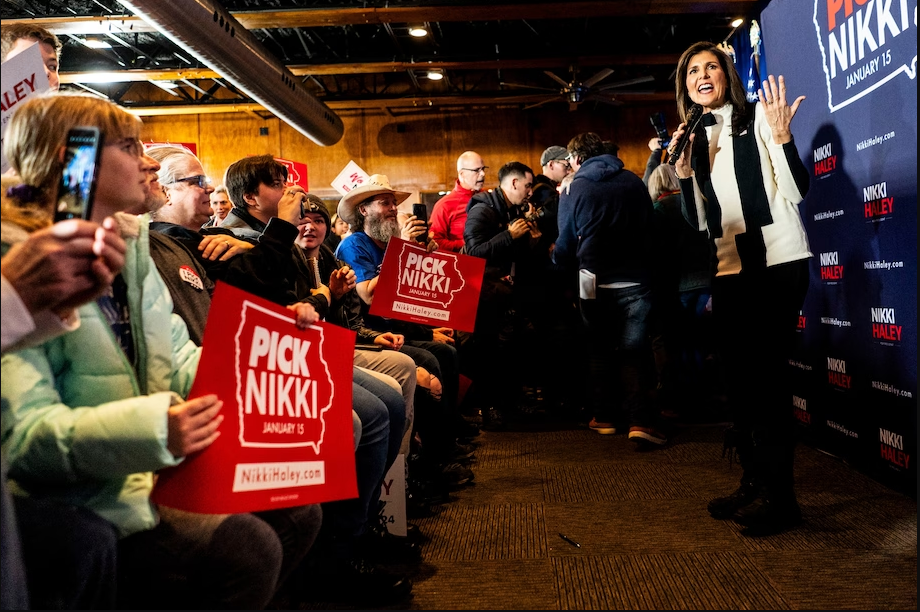 Former U.N. ambassador Nikki Haley speaks to supporters during a campaign event at a Jethro's BBQ. (Melina Mara/The Washington Post)