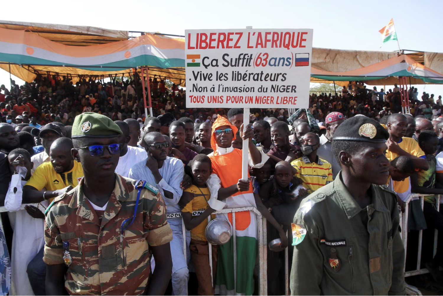 People in Niger's capital, Niamey, gather at a sit-in alongside the prime ministers of Niger, Mali and Burkina Faso to protest “foreign interference” in the Sahel region on Dec. 29. (Hamidou Moussa/Reuters)