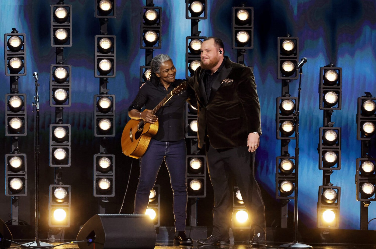 Tracy Chapman joined Luke Combs, the country singer whose “Fast Car” cover became a hit, onstage at the Grammys on Sunday night.Credit...Kevin Winter/Getty Images