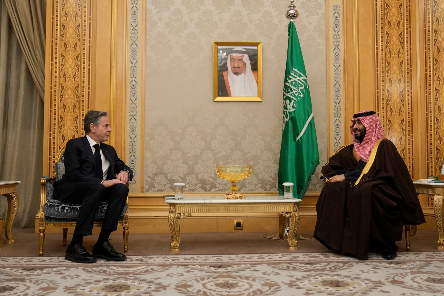 Secretary of State Antony J. Blinken meeting with Crown Prince Mohammed bin Salman of Saudi Arabia in Riyadh on Monday.Credit...Pool photo by Mark Schiefelbein