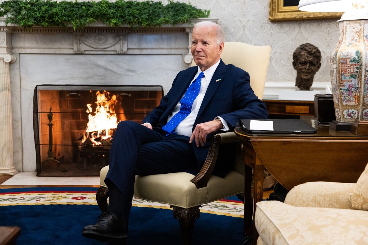 Joe Biden during a meeting with Olaf Scholz, in the Oval Office, on Feb. 9. Photographer: Julia Nikhinson/UPI/Bloomberg