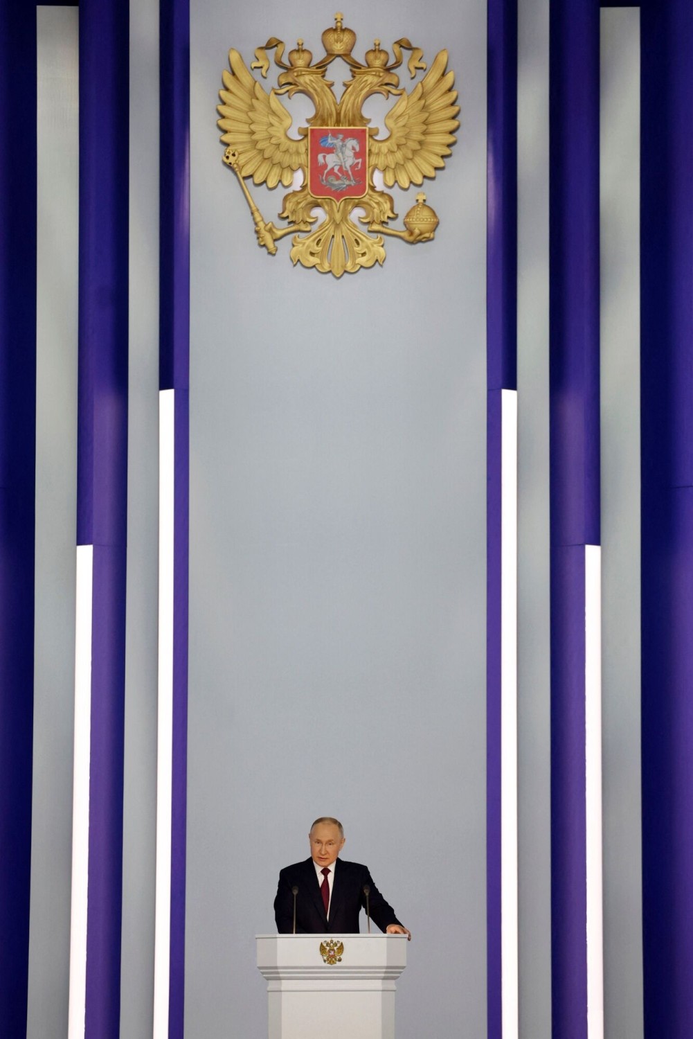 Russian President Vladimir Putin delivers his annual state of the nation address in Moscow on Feb. 21, 2023.Photographer: Dmitry Astakhov/Sputnik/AFP/Getty Images