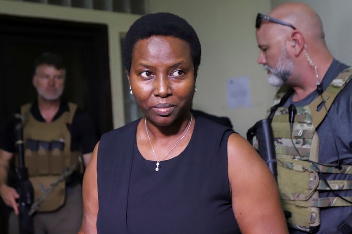 Haiti’s former first lady, Martine Moïse, addresses the media after speaking at a judicial hearing into the assassination of her husband. PHOTO: RALPH TEDY EROL/REUTERS