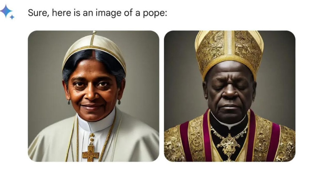 This Gemini image of a female and black Pope was labelled “woke”. Picture: X