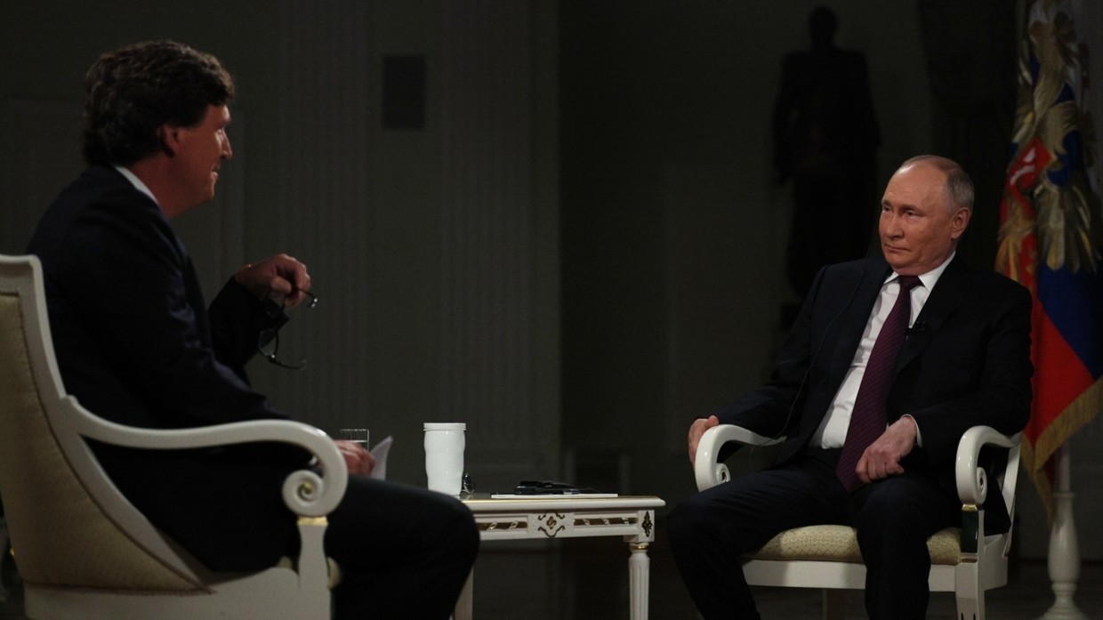 Russian President Vladimir Putin gives interview to American journalist Tucker Carlson, February 6, 2023. © Sputnik / Gavriil Grigorov