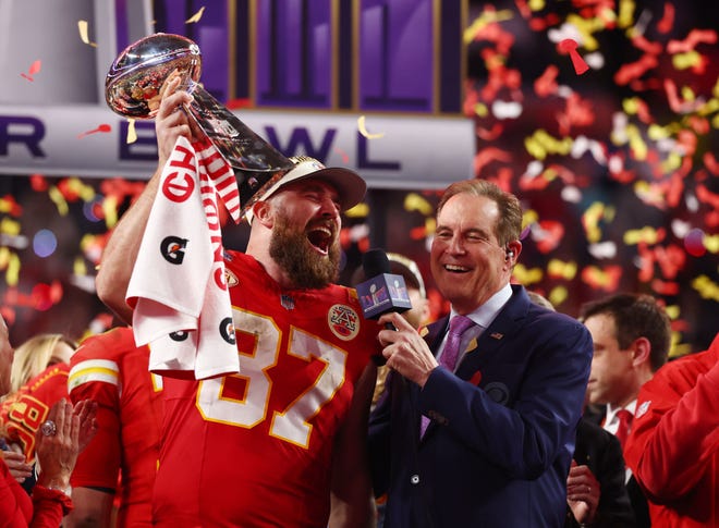 CBS Sports' Jim Nantz interviews Chiefs tight end Travis Kelce after Kansas City's thrilling overtime victory in Super Bowl 58 in Las Vegas. Mark J. Rebilas, USA TODAY Sports