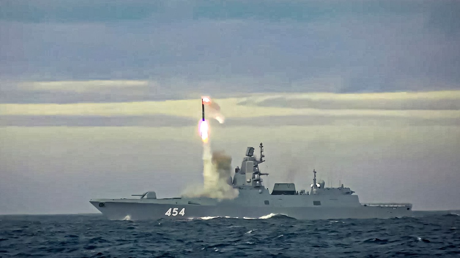 In this image taken from video released by Russian Defense Ministry in 2022, a Zircon hypersonic cruise missile is launched by a Russian navy frigate from the Barents Sea. Russian Defense Ministry Press Service/AP