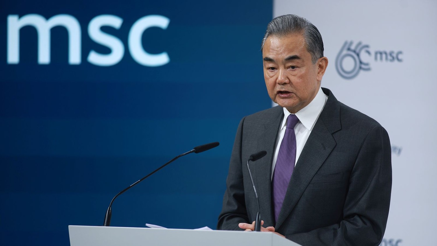 Chinese Foreign Minister Wang Yi speaks during the 2024 Munich Security Conference on February 17. Johannes Simon/Getty Images