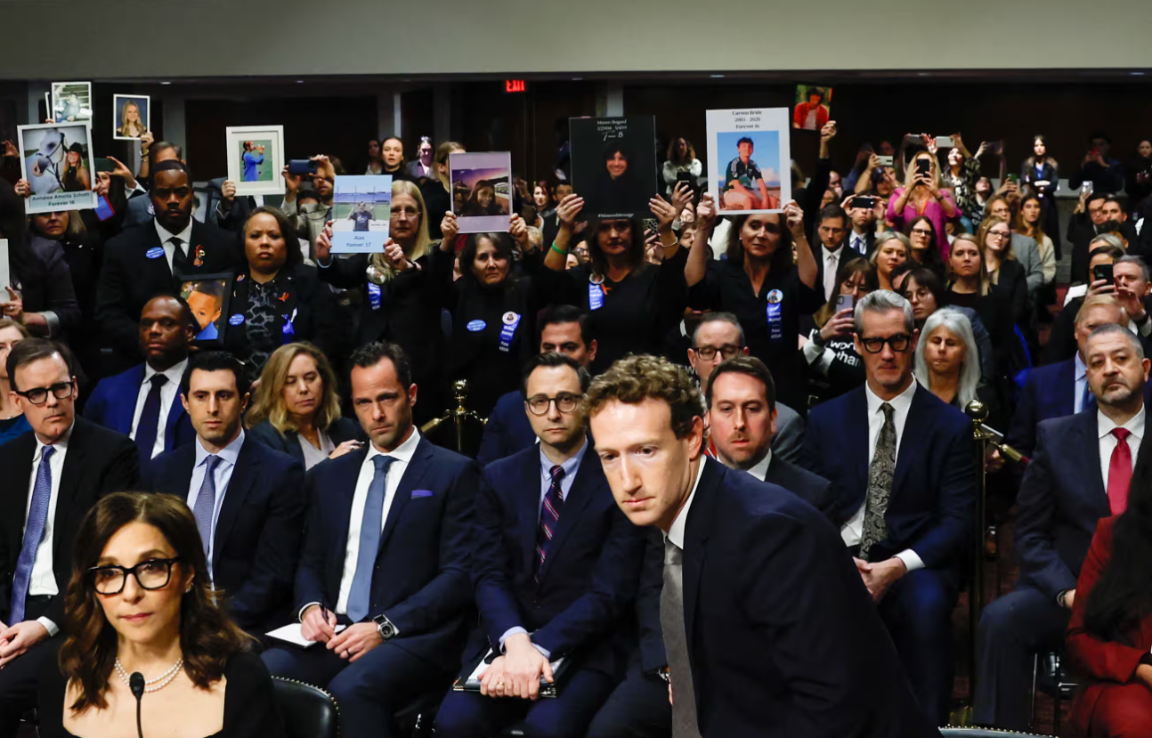 Meta’s chief executive, Mark Zuckerberg, after addressing the audience at this week’s US Senate committee hearing on online child sexual exploitation. Photograph: Evelyn Hockstein/Reuters