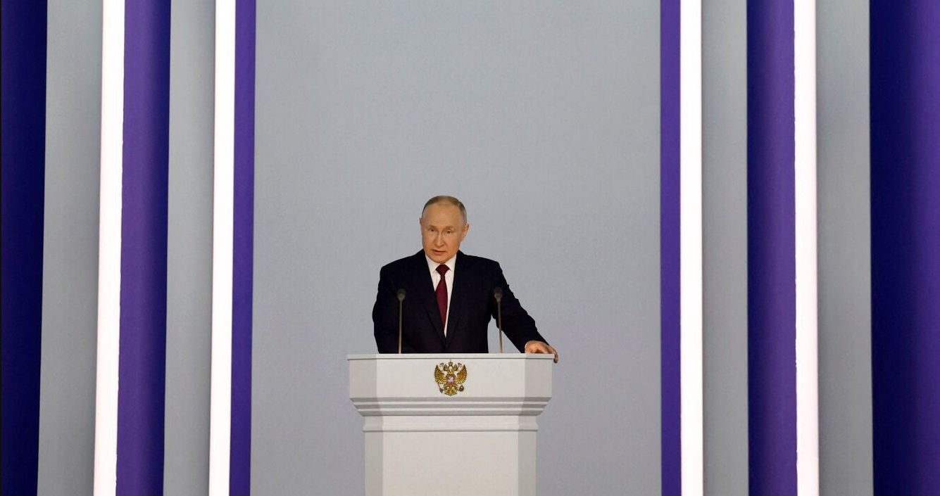 Russian President Vladimir Putin delivers his annual state of the nation address in Moscow on Feb. 21, 2023.Photographer: Dmitry Astakhov/Sputnik/AFP/Getty Images