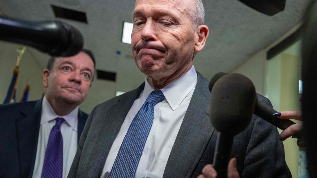 (FILES) Boeing CEO Dave Calhoun speaks with reporters on Capitol Hill in Washington, DC, on January 24, 2024, following the Alaska Airlines flight when a doof fell off. (Photo by Jim WATSON / AFP)