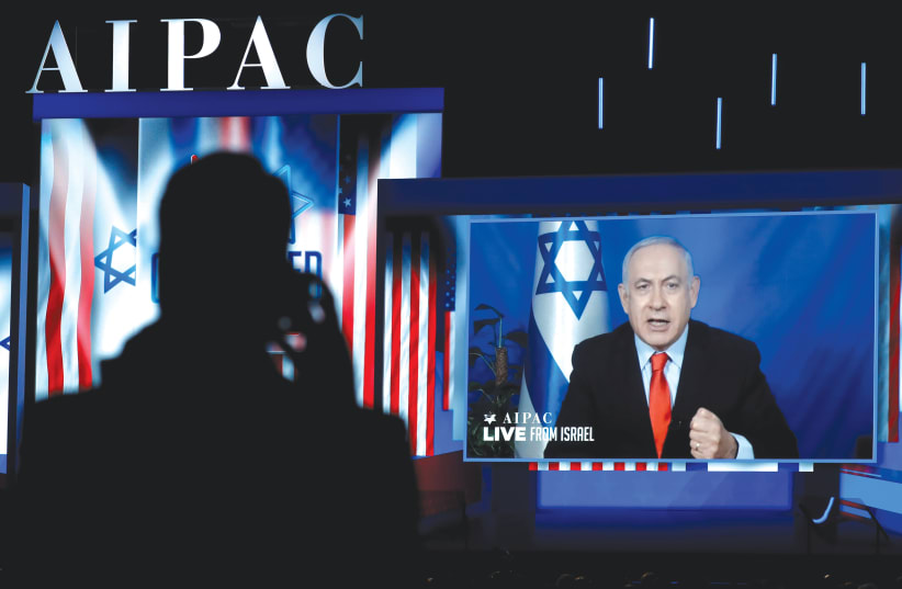 PRIME Minister Benjamin Netanyahu delivers a video address to AIPAC in 2019. (photo credit: KEVIN LAMARQUE/REUTERS)